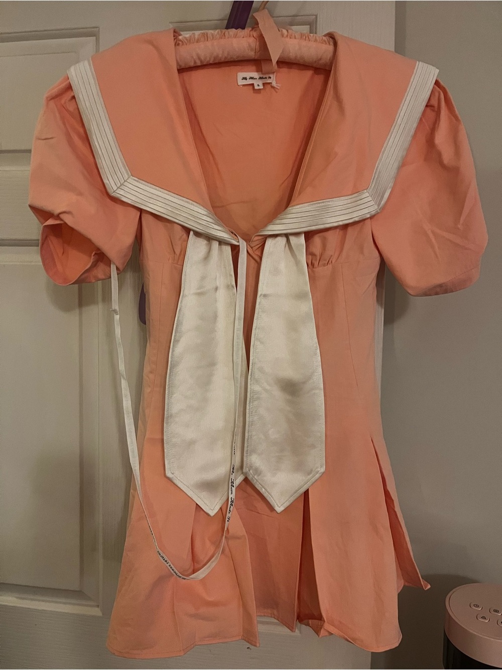 Peach Sailor-Style Mini Dress with Contrast Tie